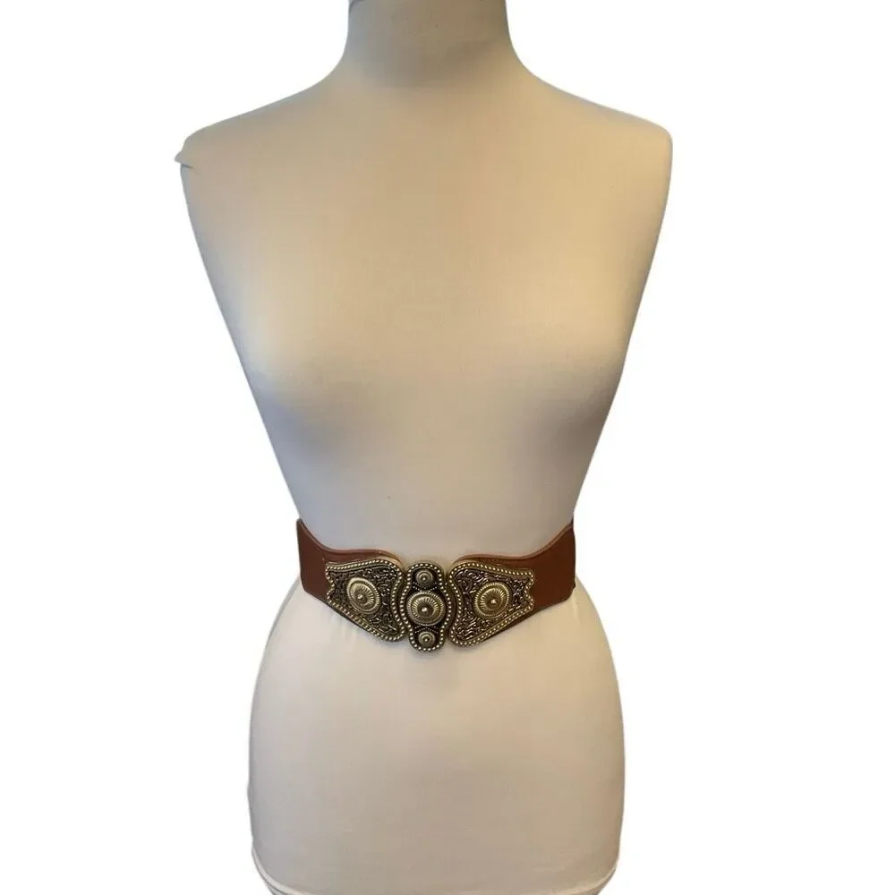 Cool vintage looking metal stretch antique buckle belt, brown and brushed gold
